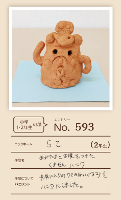 郵便局長賞作品「まがたまと古墳をつけたくまやんハニワ」