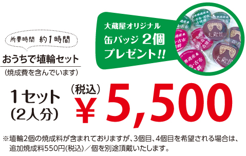 所要時間 約1時間　おうちで埴輪セット（焼成費を含んでいます）　1セット（2人分）5,500円（税込）　大蔵屋オリジナル缶バッジ2個プレゼント！！　※埴輪2個の焼成料が含まれておりますが、3個目、4個目を希望される場合は、追加焼成料550円(税込)／個を別途頂戴いたします。
